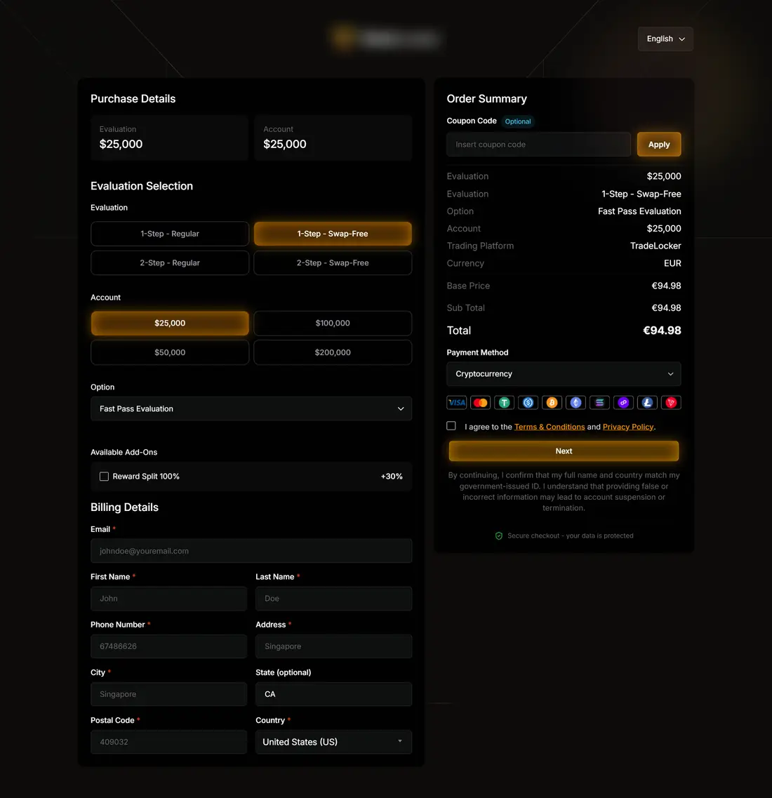 Program registration checkout: evaluation and account selection, add-ons, billing details, and an order summary with coupon and payment method